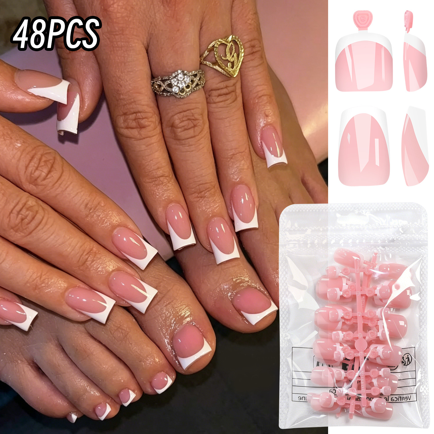 TEMU 48pcs/bag Classic French -on Nails, 24pcs Short Square Hand Nails And 24pcs Toe Nails, Waterproof Extensions For Office And Everyday Look
