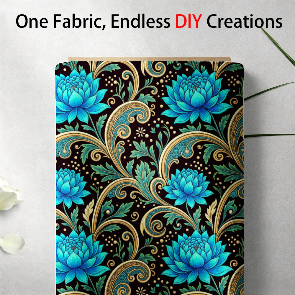 TEMU 1pc Imprimé floral de lotus bleu et de doré sur fond noir, tissu 100% polyester, idéal pour le quilting, la couture et les de patchwork, parfait