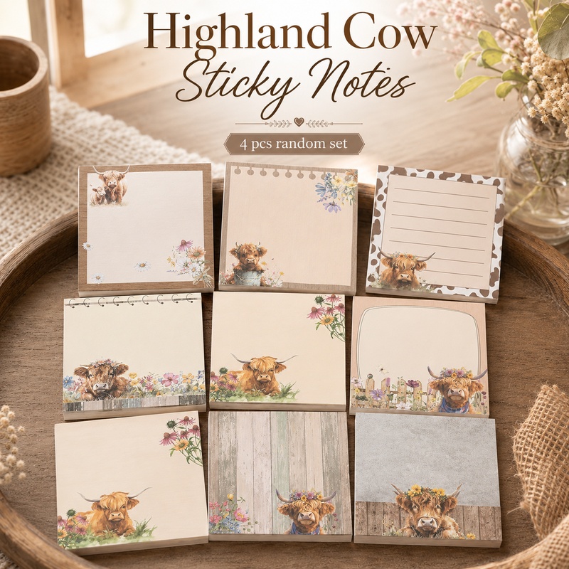 TEMU 4pcs Random Highland Cow Sticky Notes 3.0x3.0 Inches Cute Self-adhesive Notebook Stickers Memo Board Office Decor Gift Student School Teacher