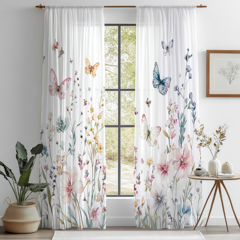 TEMU 2d Flat - 2d Flat - 4pcs (2pcs Sheer Curtains, 2pcs Curtains), 2d Digital Printing, Semi-transparent Digital Printing, Living Room/bedroom