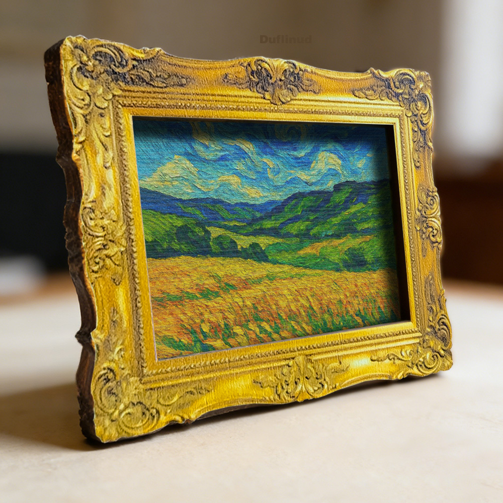 TEMU 1pc Duflinud Van Gogh Wheat & Mountains Fridge Magnet - Miniature Wood Dutch Suitable Decor With Back Base, Van Gogh Art For Refrigerator Door