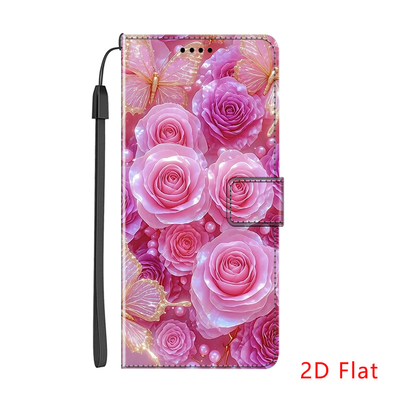 TEMU Phone Case - 2d Flat Pastel Roses Trendy Wallet-style Phone Case Made Of Synthetic Faux Leather Suitable For Iphone