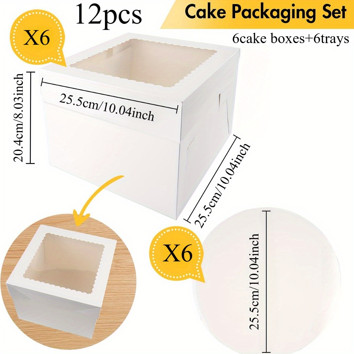 12pcs 6cake Boxes+6trays Cake Box Set, 10x10x8 Inch Windowed Cake Box, Cake Container With Lid And Cake Board, Used , Dessert, Cake, Bakery Or Gift Cake Decoration Items