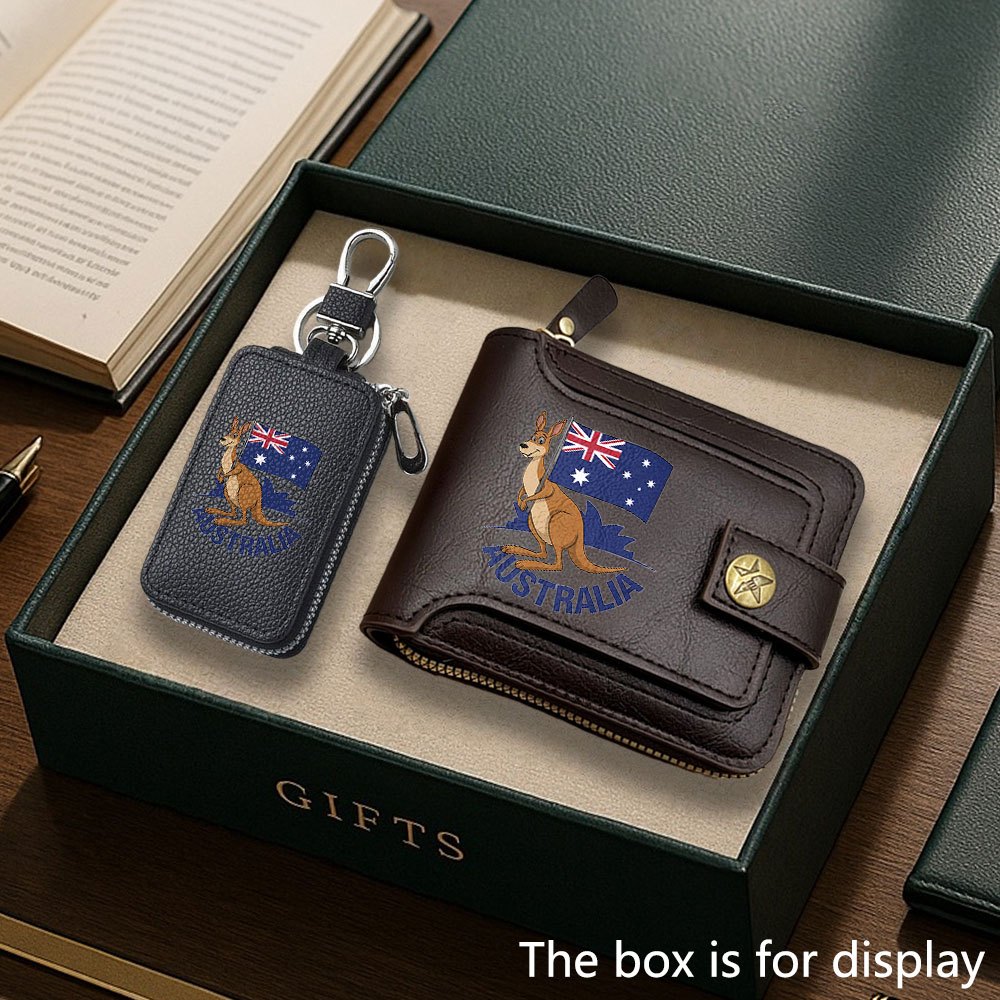 TEMU 2pcs Wallet And Keychain Set Featuring A Stylish Business Wallet With An Australian Flag Kangaroo Print, Along With A Keychain. This Exquisite