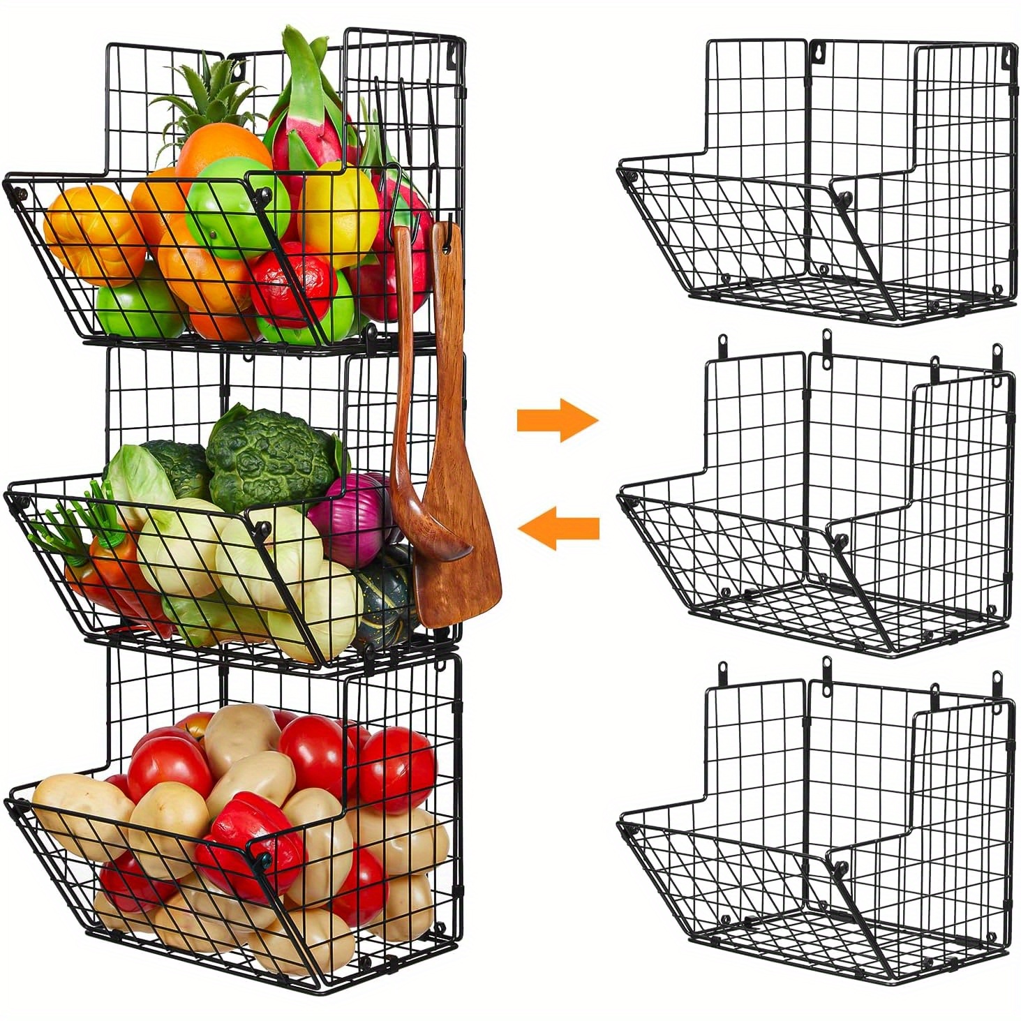 Metal Wire Basket Wall Mount, 3 Tier Wall Storage Organizer with 5 S Hooks