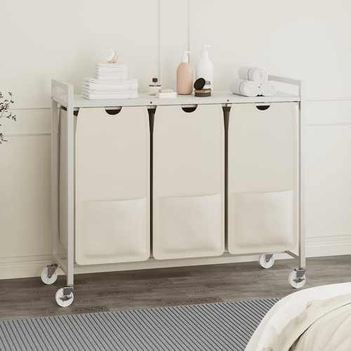 3 section laundry hamper with shelf pull out removable 12 8 gal 48l bags metal frame laundry sorter with movable wheels compartments laundry baskets