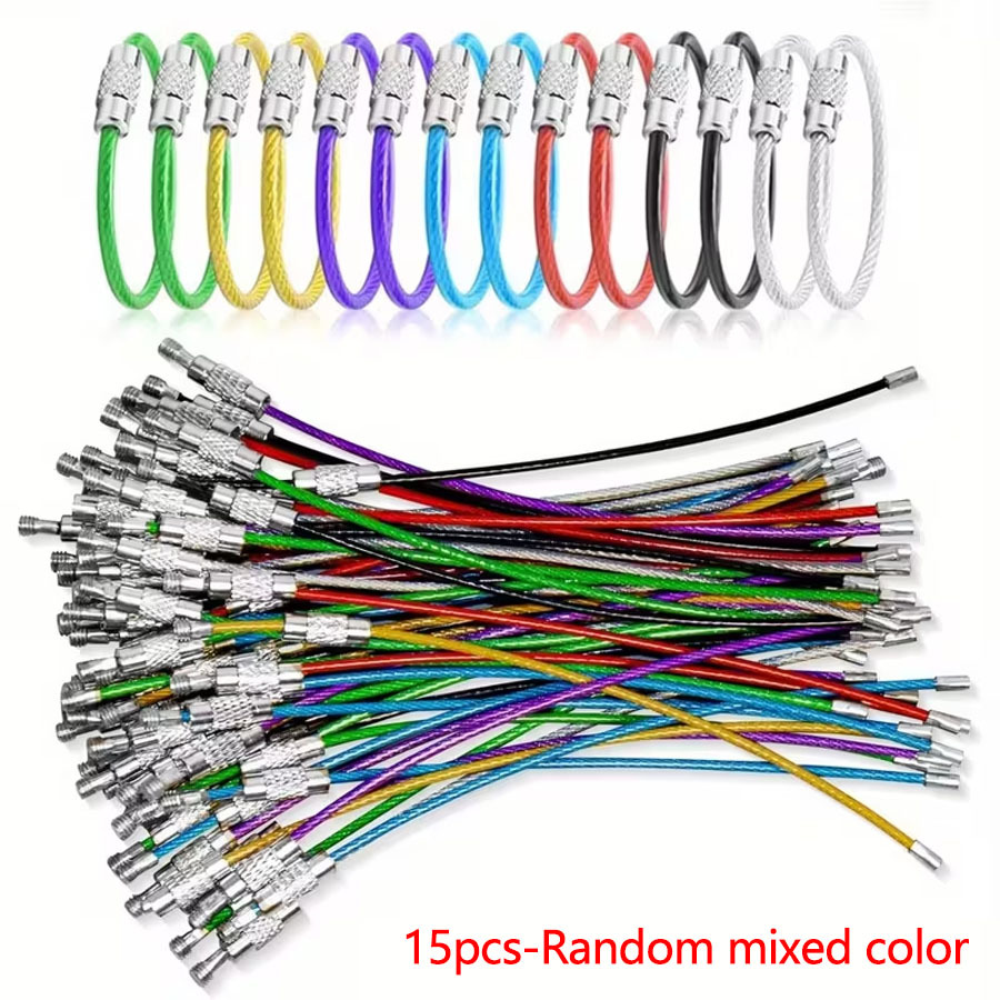 TEMU Lot de 15 porte-clés aléatoires en acier inoxydable, grands porte-clés avec câble en acier et mousqueton pivotant, porte-clés revêtus de nylon