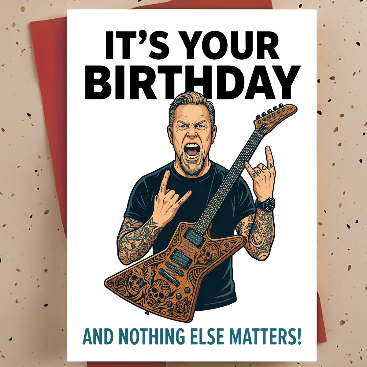 Image of 1pc Humorous Birthday Greeting Card For Rock , Friend – For Rock Guitarist Electric Guitar Cartoon Illustration, Funny Card, With Envelope