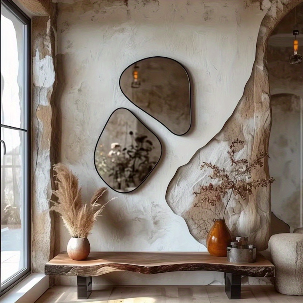 Irregular Wooden Decorative Wall Mirror, Frameless Wall-Mounted Mirror, Shatterproof HD, Suitable for Bedroom, Living Room, Gym