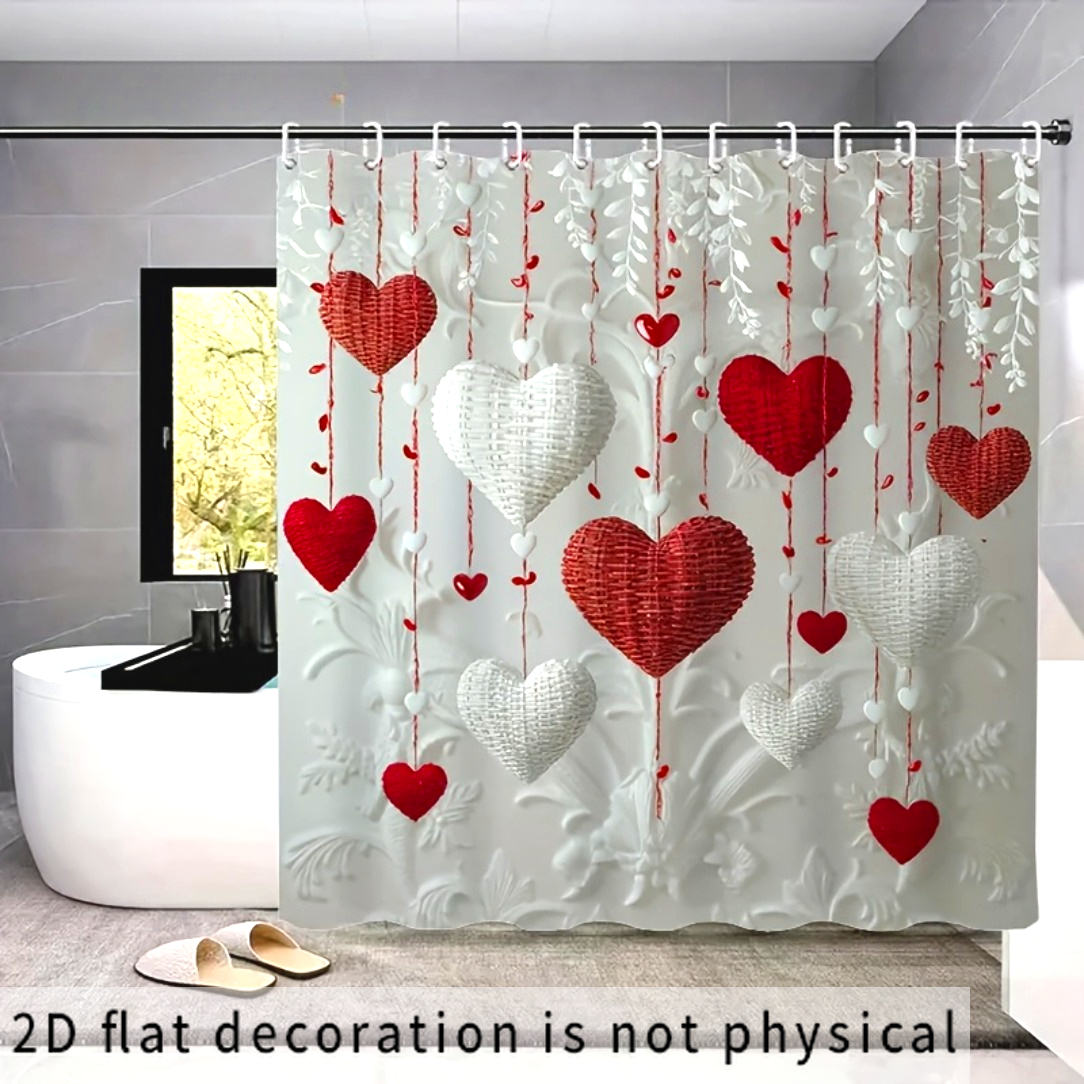 TEMU 2d Flat, 2d Flat, 2d Curtain 1pc Red And White Heart Pendant Pattern Shower Curtain, Design Shower Curtain, With Draping Decorative Lines,