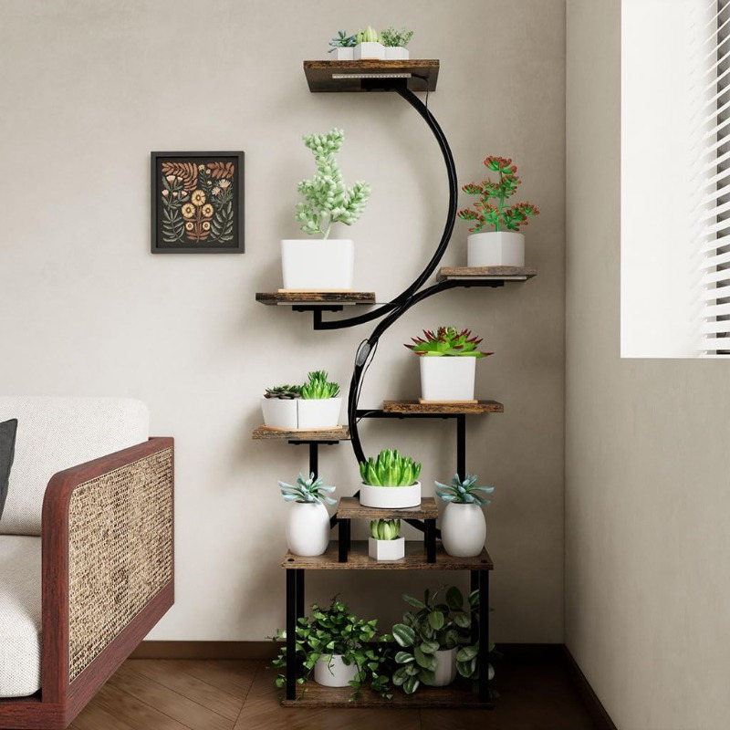 8 tier indoor metal and wooden plant stand with multiple flower pots display shelves for living room patio balcony decor durable and stylish plant holder for modern spaces indoor plant stand elegant plant display metal plant stand details 2