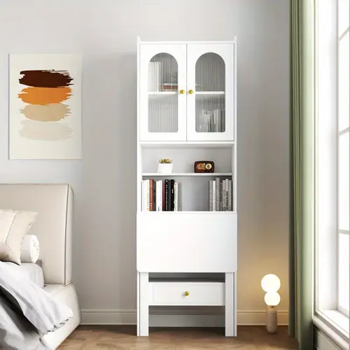 fold out convertible writing table desk cabinet space saving multi functional home office workstation with glass door shelves storage drawer black melamine no desk accessories office study room furniture contemporary furniture durable construction apartment