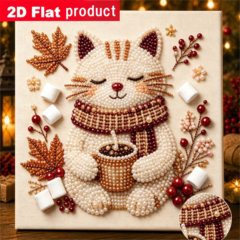 TEMU 2d/flat Printing Diamond Painting Featuring Warm And Cute Scarf Cat Holding Cup Handmade Glue Diamond Creative Diamond Painting Kit With Tools
