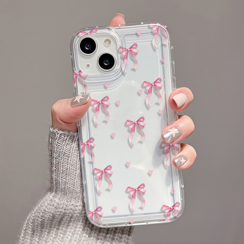 TEMU Phone Case - 1pc Full-screen Pink Love Heart Bow Trendy Pattern Full-wrap Tpu Cushion Phone Case Suitable For Iphone 17 16 15 14 13 12 11 Pro Xs