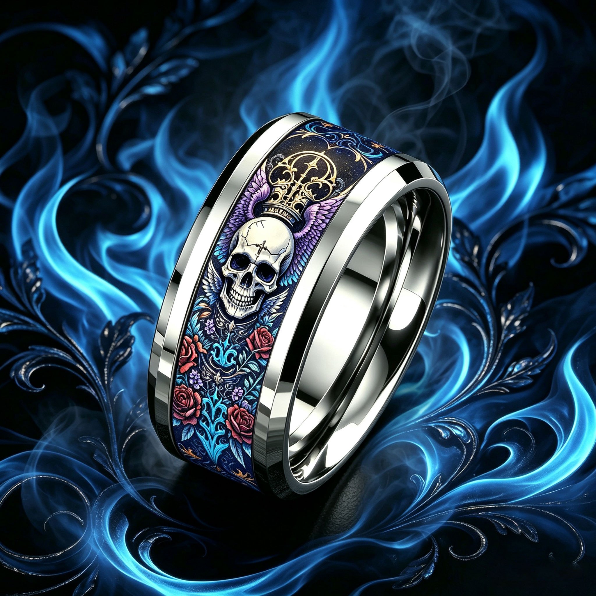 Crown Wing Skull Red Rose 304L Stainless Steel Ring