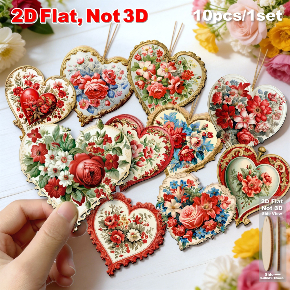 TEMU 2d Flat - 10pcs Vintage Floral Heart Wooden Ornaments | Exquisite Flower Pattern Hanging Pendants For Valentine's Day, Birthdays, Mother's Day,