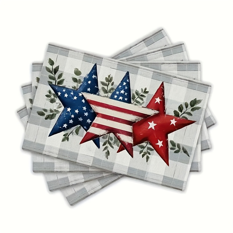 TEMU 4pcs Set Featuring Patriotic American Flag Stars And Stripes With Eucalyptus Checkered Placemats, Suitable For Kitchen, Dining Room, And Party Decor, Measuring 12x18 Inches