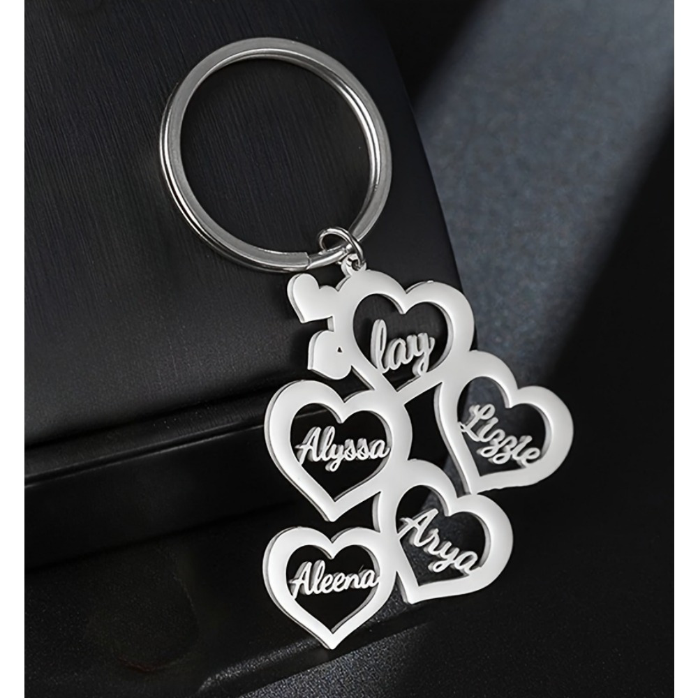 TEMU Custom Keychain Without Chain: A Made Family Keychain, An Personalized Heart-shaped Multi-name Pendant, Stainless Steel Keychain, Women's