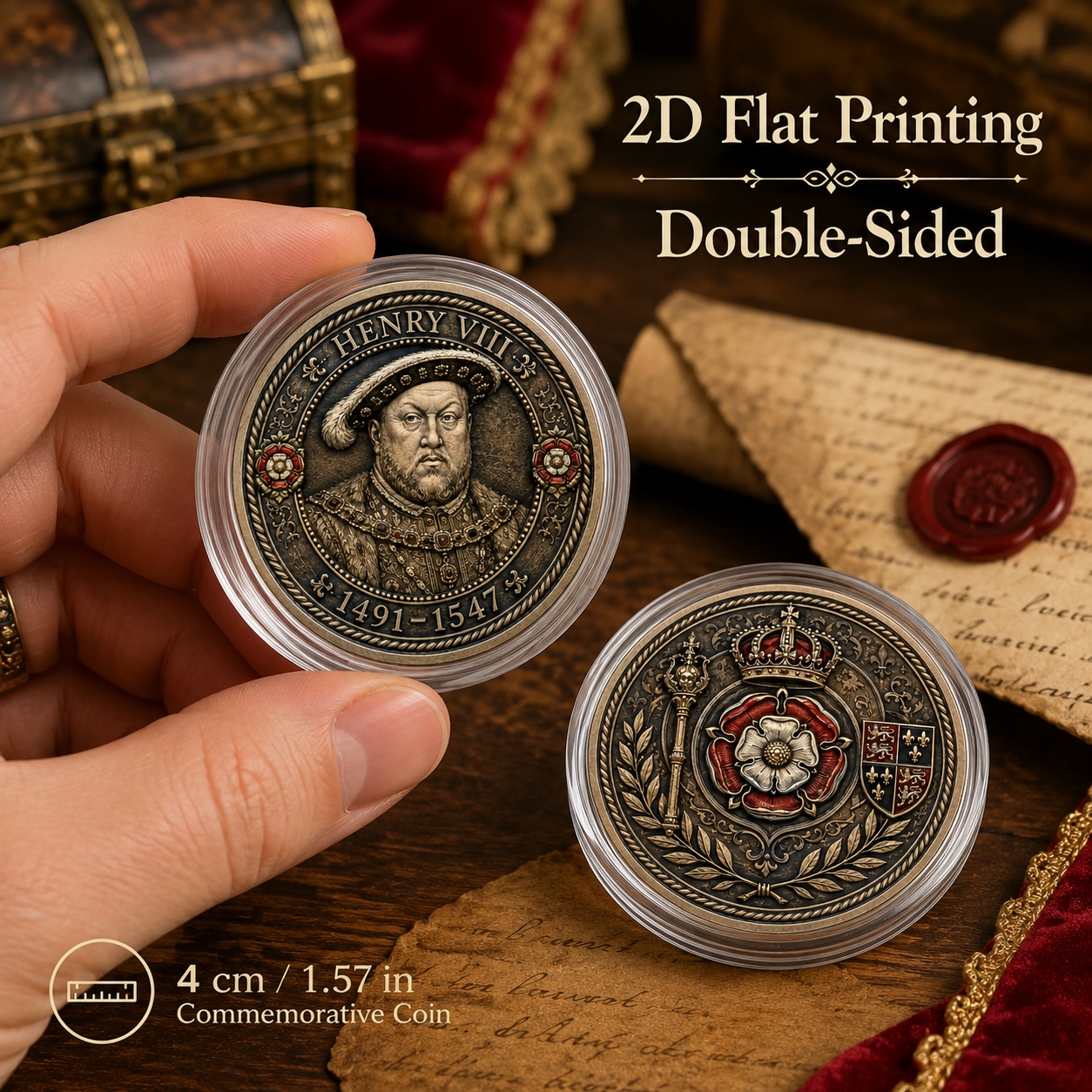 TEMU Replica Coin 1pc, 2d Flat Printing, Double-sided Metal King Commemorative Coin, Crown & Royal Rose Historical Challenge Coin & Decorative