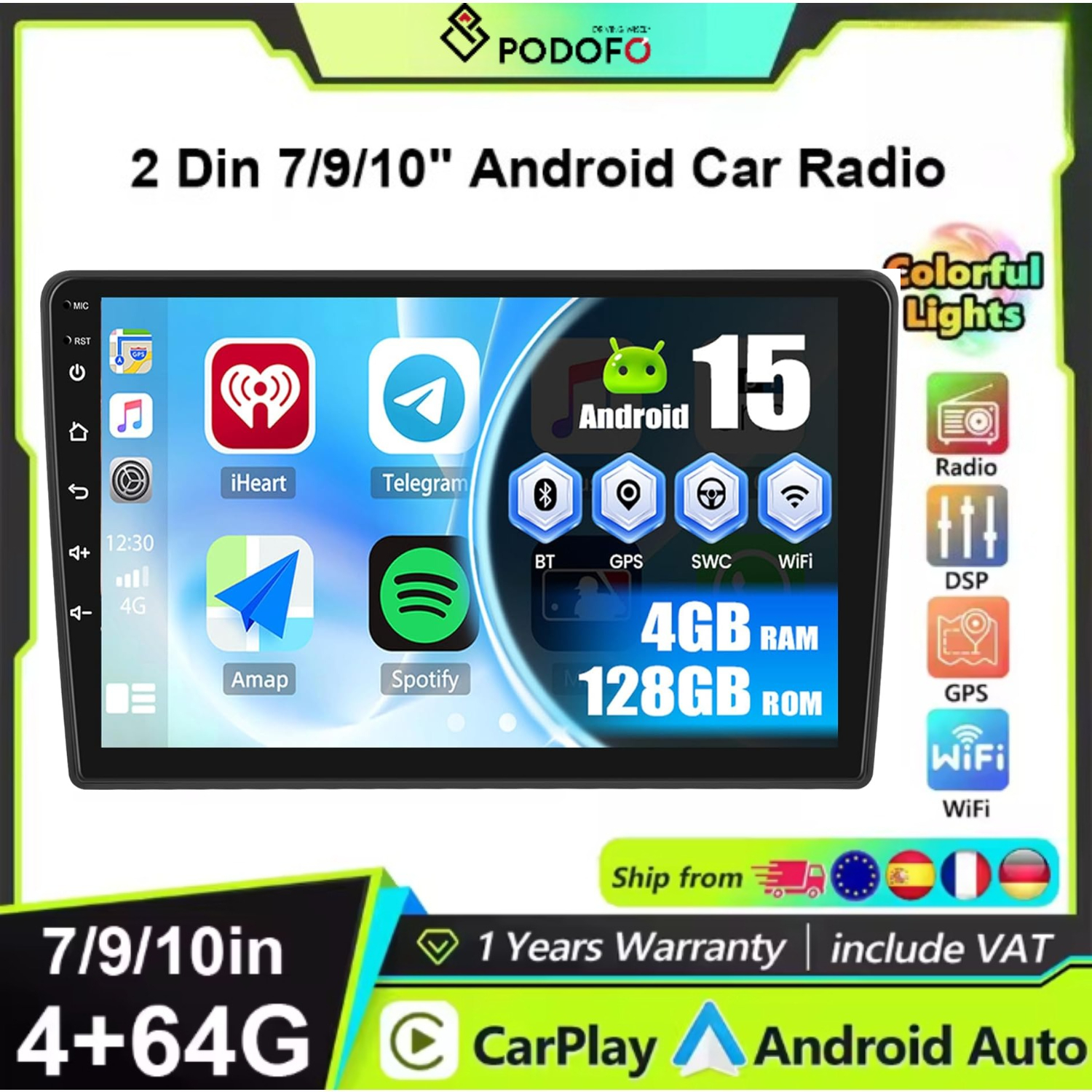Image of Podofo 7' Portable Motorcycle Smart Player, Gps Navigation Touchscreen Auto Wireless Monitor, Compatible With For All Motorcycles