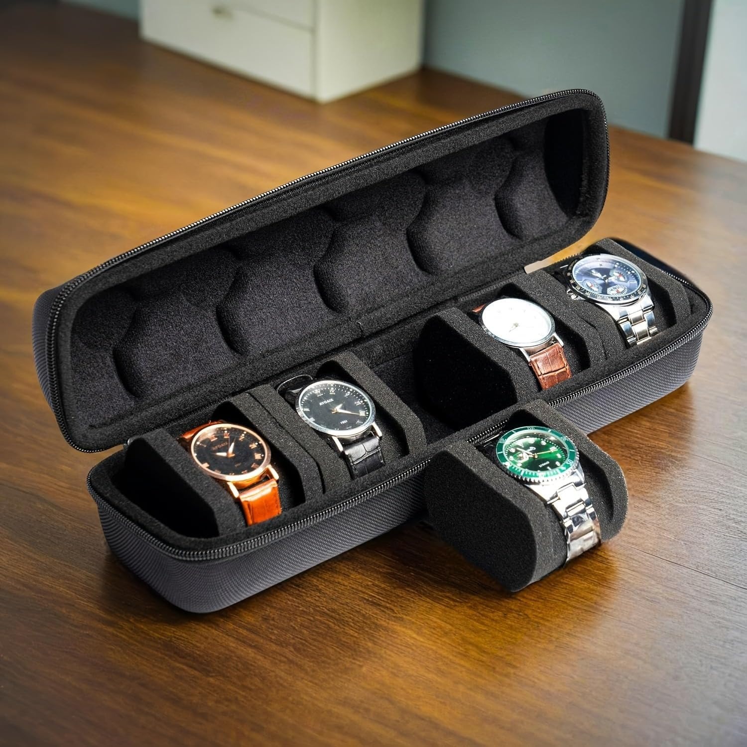 Travel Watch Case, 5-slot Watch Roll, with Portable Handle and Soft Compressible Pillow, Male and Female Travel Watch Box Storage, Portable Nylon Zipper Storage Box, Suitable for Both Men and Women, with Soft Compressible Foam Pillow
