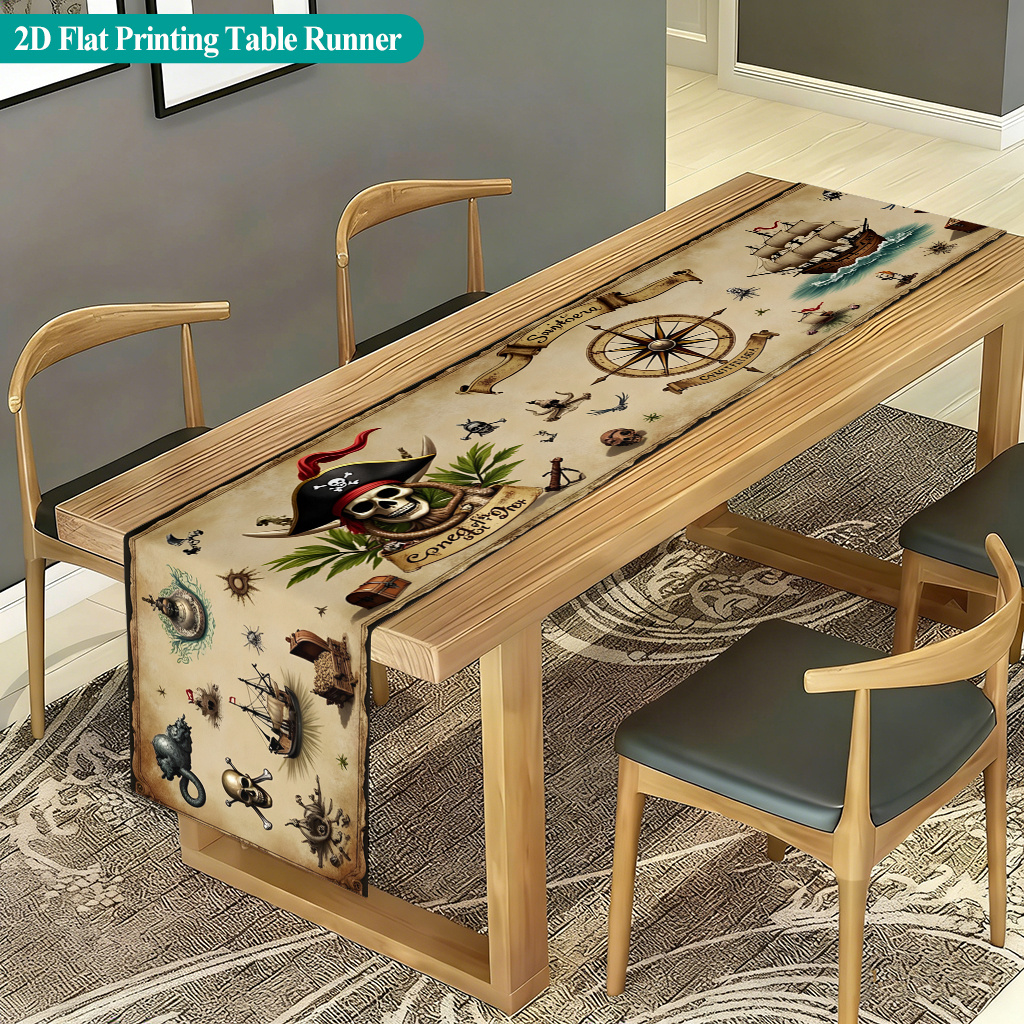 Image of 1pc 2d Table Runner, Pirate-themed Tablecloth, Rectangular Table Runner Made Of Polyester Fiber, Ideal For Indoor Or Outdoor Dining, Family Gatherings, Parties, And Holiday Decorations