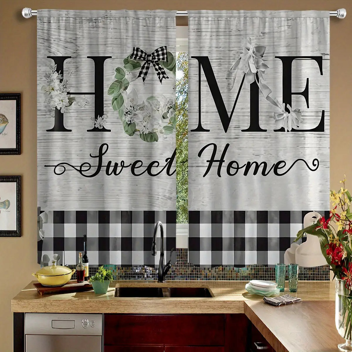 TEMU Rideaux de cuisine à carreaux gris et noirs 2D plats - 2 pièces - Impression 2D plats 21.65X59In/55X150Cm avec motif de lettres '' D numérique,