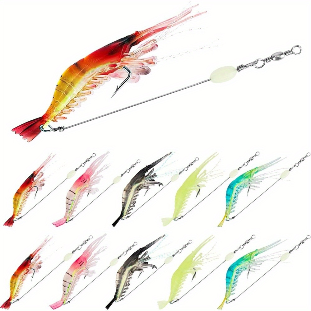 TEMU 10pcs Saltwater Fishing Lures Shrimp Baits Set, Shrimp Fishing Tackle With Luminous Sharp Hooks, For Freshwater And Saltwater -