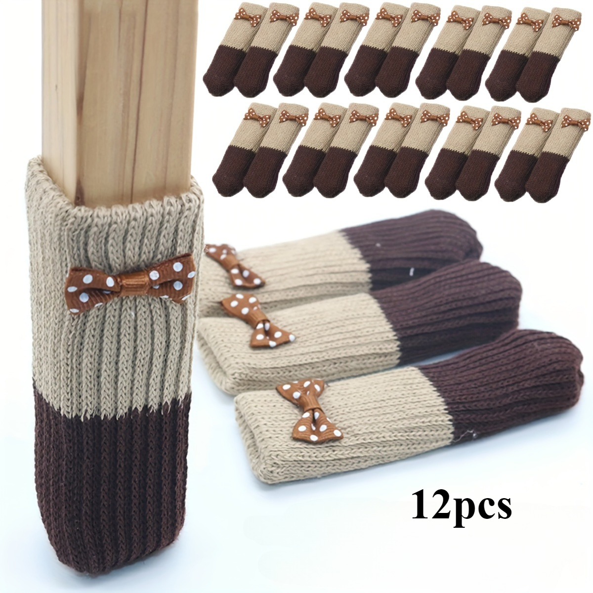 TEMU Confezione da 12 calzini per gambe di mobili in maglia con decorativo a - elasticit�, protezioni antiscivolo per gambe di sedie per pavimenti in