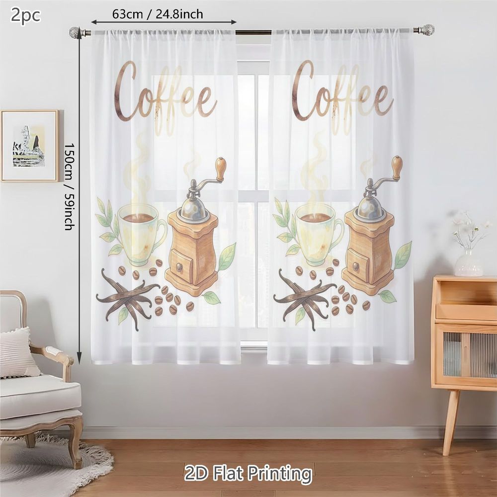 TEMU Plat 2D, 2 pièces de Rideaux Voilages Filtrants à Passe pour Fenêtre, avec Thème Café Aquarelle et Lettrage Cursif Élégant, Rideaux