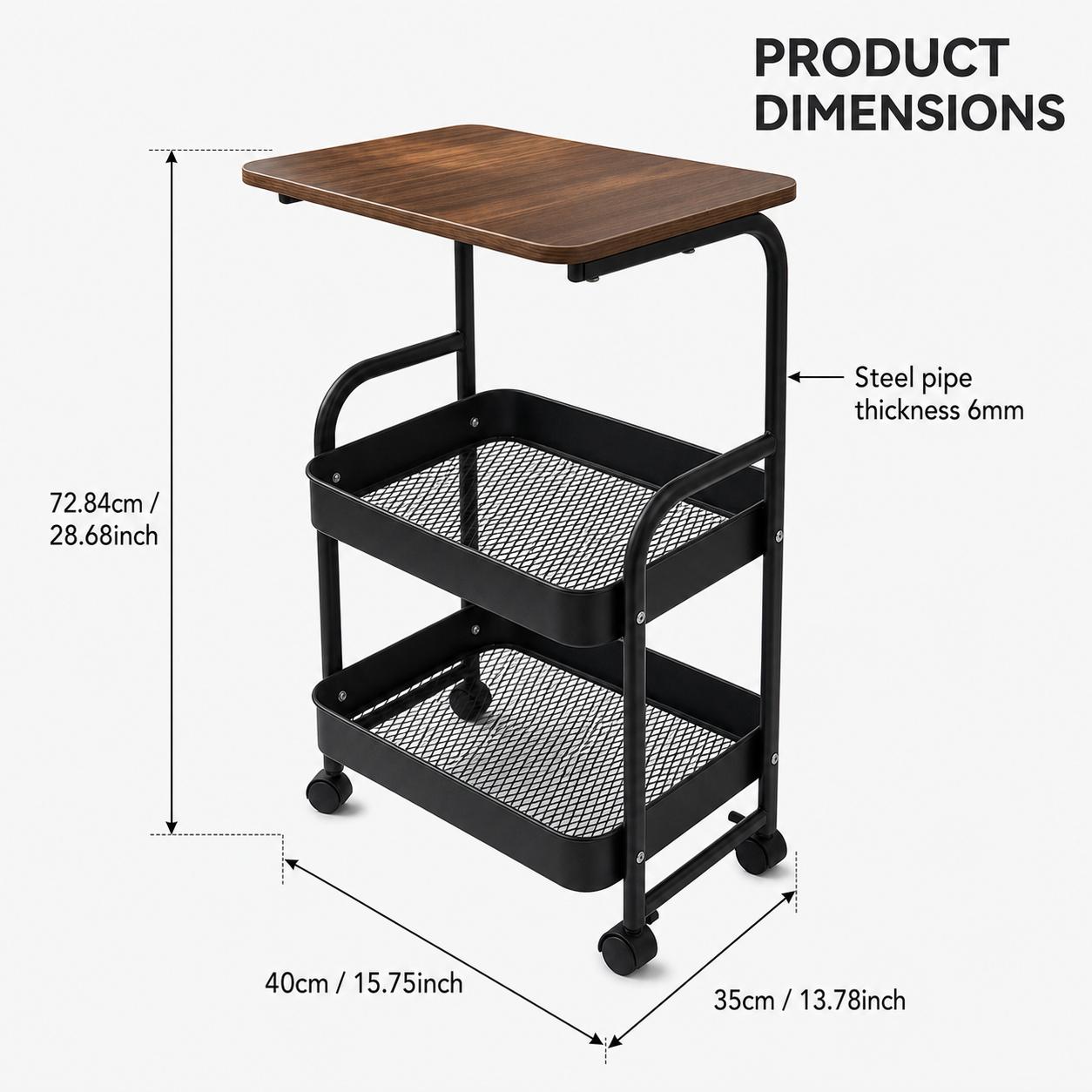 TEMU Three-tier Metal Utility Cart, Metal Storage Rack, Rolling Cart With Wooden Tabletop, Multifunctional Storage Rack With Wheels, Durable ,