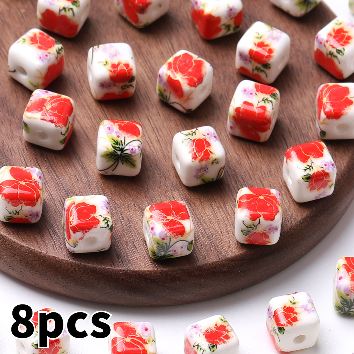 8pcs/16pcs Cube Printed Flowers Glazed Square Ceramic Beads for DIY Jewellery