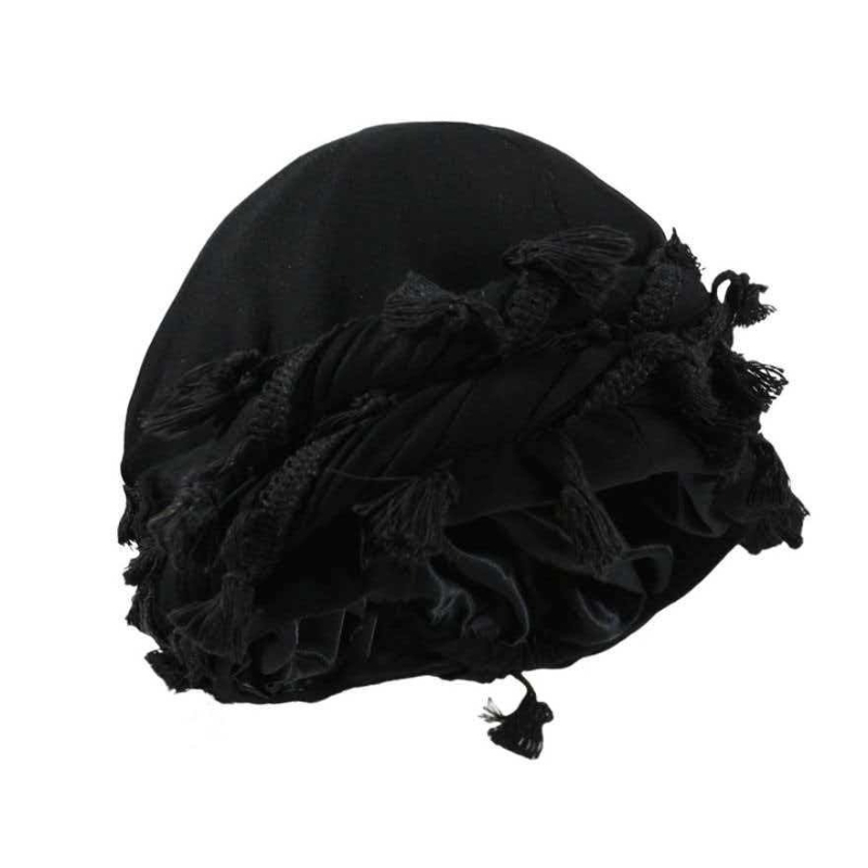TEMU Black And White Tassel Kufei Hat, Double-layer Hip-hop Style Loose Knit Hat, Vintage Tassel Headband And Pirate Hat With Edges, Casual Outdoor