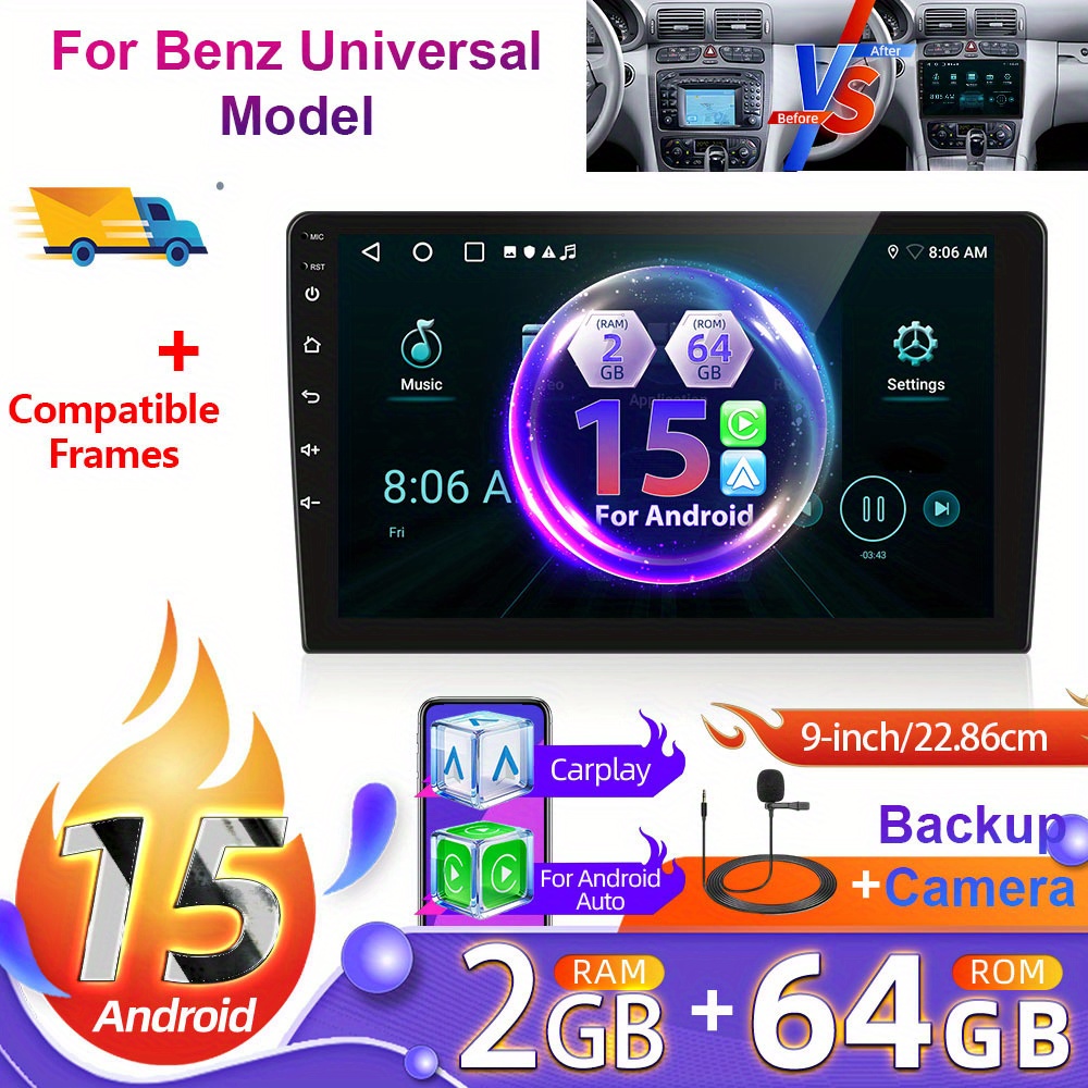 2+64g 9 Inch 15 Car Radio For Benz Universal Model (frame Included) With Rear View Camera, Hd Touchscreen Radio With Auto Wifi Gps Eq Swc Fm + Canbus