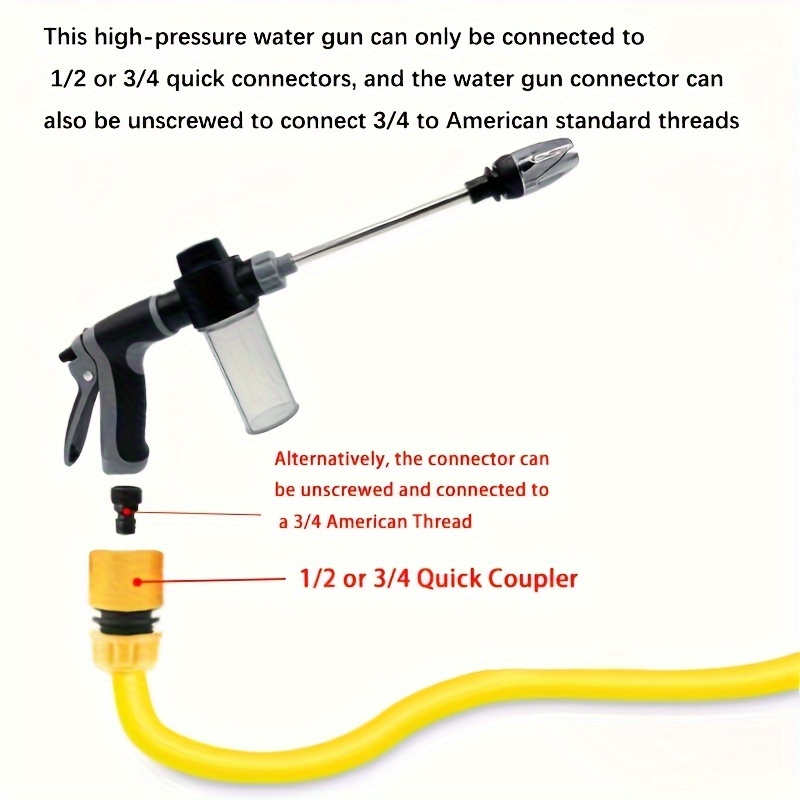 1pc Portable High-Pressure Car Wash Water Gun, Quick Connect Adapters for 3/4 Inch And 1/2 Inch, Multifunctional Garden Hose Nozzle, Adjustable Thickened Rod Spray, Suitable for Car Cleaning And Pet Washing