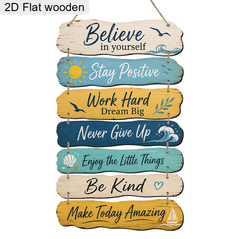 TEMU 2d Flat, 2d Flat Wooden 7pcs Set Ocean-inspired Themed Decorative Hanging Ornaments, Positive Quote "make Today Wonderful", Rustic Style Wall