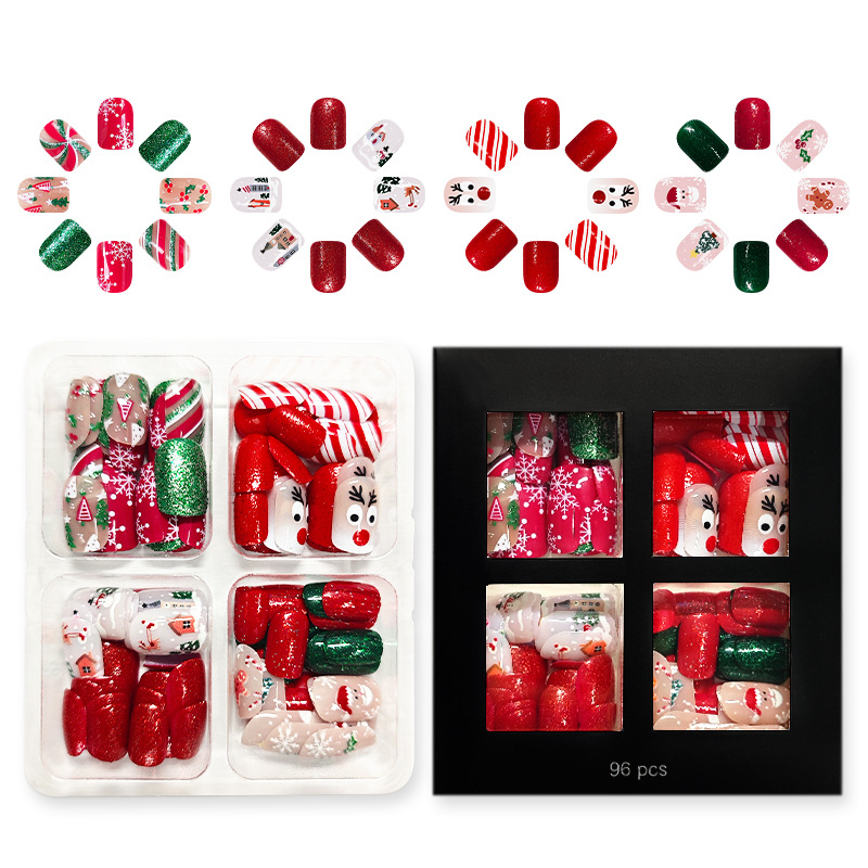 TEMU A Set Of 96 Short, Shiny Square Nails Featuring Red And Green Glitter With Reindeer And Snowflakes, Perfect For Year