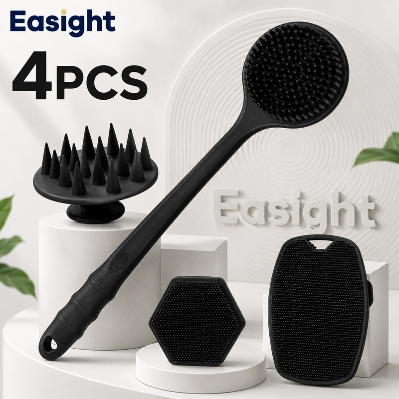 TEMU 4pcs Body Scrubber Set, Long Handle Back Scrubber With Scalp Brush, Handheld Brush, Flat Brush, Suitable For Showering, Back Scrubbing, Bathroom