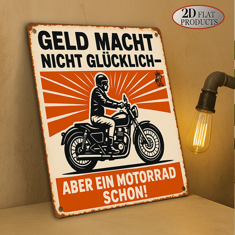 E-shop 2D Flach, 1 Stück Vintage Deutsches Motorrad Metallschild - Lustige Biker-Deko mit dem Spruch "Geld wächst nicht auf Bäumen, aber Motorräder