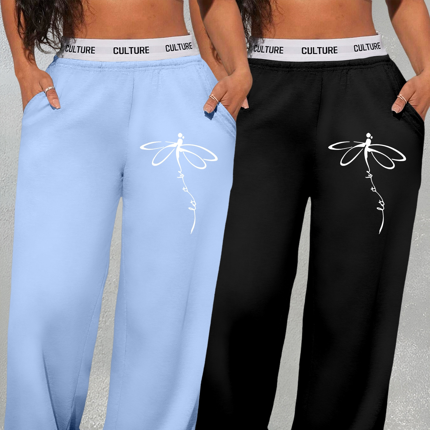 

2-pack Women's Printed Loose-fit High-waisted Sweatpants, Geometric Dragonfly Design, Knit Fabric, Polyester, , , Straight Leg, Adult Size