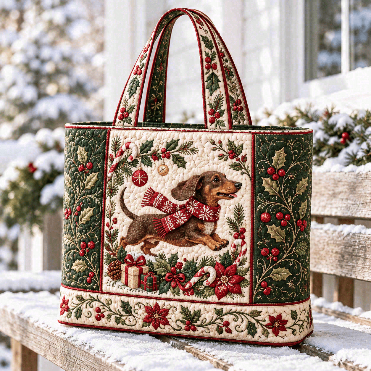 TEMU Quilted Tote Bag, Festive Dachshund In Red Scarf, Holiday Gift And Holly Detail, Snowy Porch -inspired Print, Cozy Winter Large Capacity Tote,