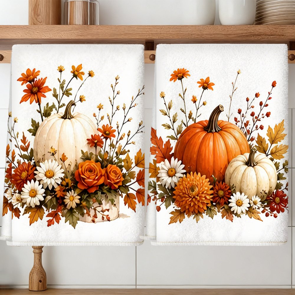 TEMU 2pcs Fall Pumpkin Tea Towels Suitable Decor - Soft Absorbent Microfiber Dish Towels With Modern Pumpkin, Decorative Housewarming/birthday Gifts