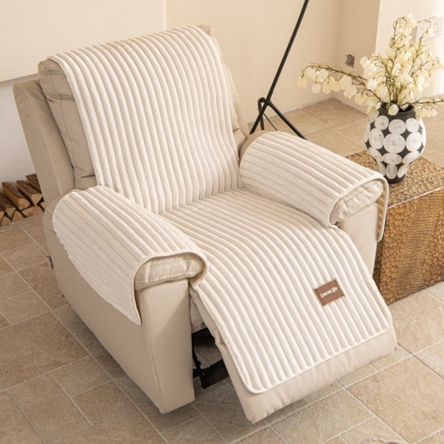 Image of 1pc Modern Striped Plush Sofa Cover For Single-seat Recliners - White Short Plush Pet-friendly Anti-slip Cushion Cover, Machine Washable Universal Fit With Seamless Design