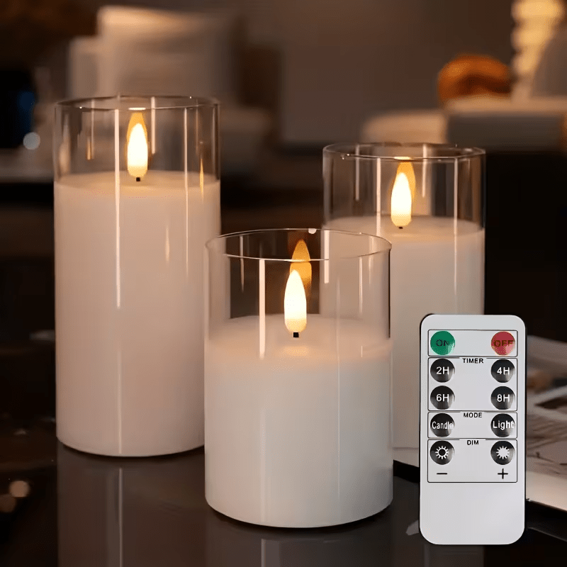 3 pack led flameless flickering pillar candles with remote control acrylic plastic realistic flame effect battery operated   romantic weddings christmas halloween home decoration batteries not included