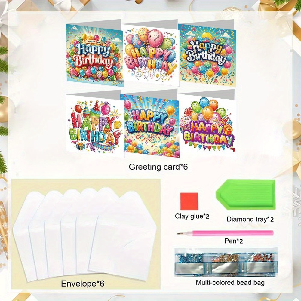 TEMU 6pcs Diamond Painting Kit Carnival Cartoon Balloon Birthday Greeting Card Expressing Conveying To Elders Relatives Etc. Maksa Products Your And