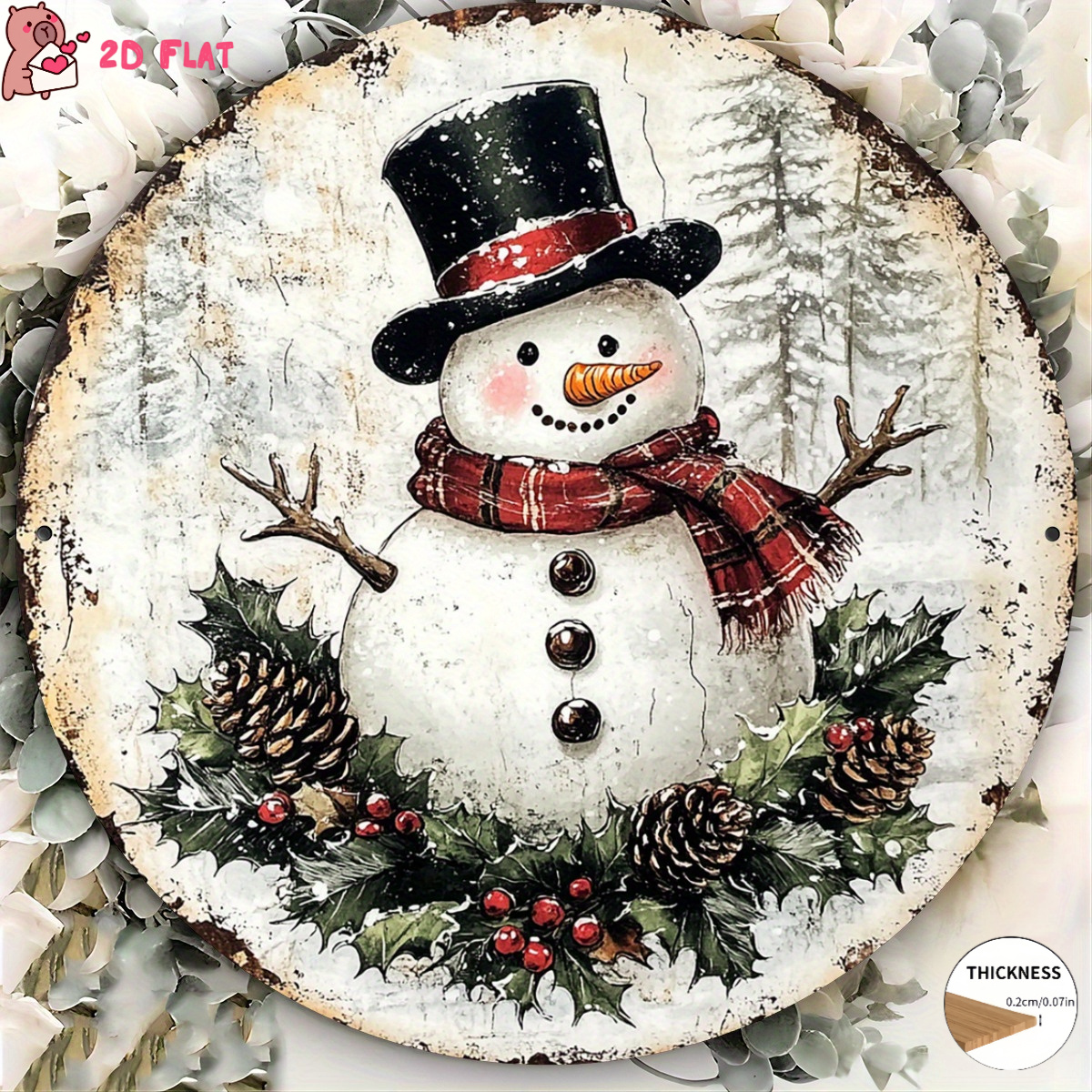 TEMU 2d Flat, Rustic Snowman Wreath Wall Decor - Artificial Round Frameless Hanging Sign Suitable For Holiday Decoration, Winter Themed Panel For