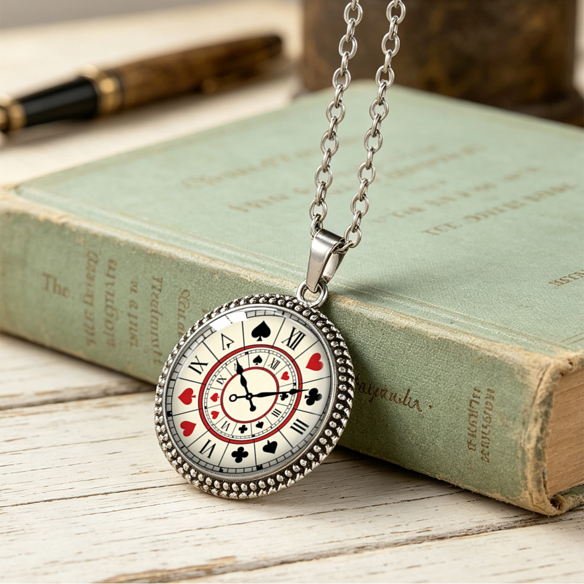 TEMU 1pc Retro Clock Playing Card Pattern Round Pendant Necklace Unisex Literary Decorative Necklace