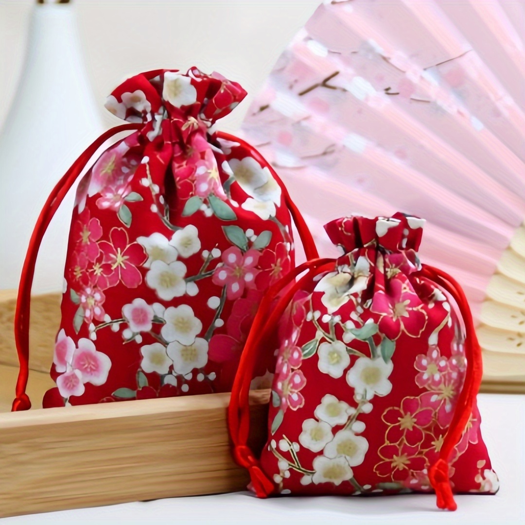 

4pcs Japanese Cherry Fabric Gift Bags - Red Floral Drawstring Pouches For Home Decor, Storage, And Festive Atmosphere, Gift Storage Bags | Floral Pattern Bag | Drawstring Closure, Cherry Themed Items