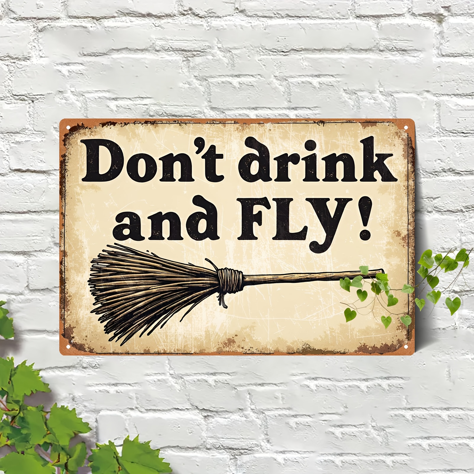 TEMU 2d Flat - A Retro Wooden Sign In 2d Featuring A Fun Witch's Broom Wall Art With The Text "don't Drink And Fly!" - Suitable For Rustic Decor In