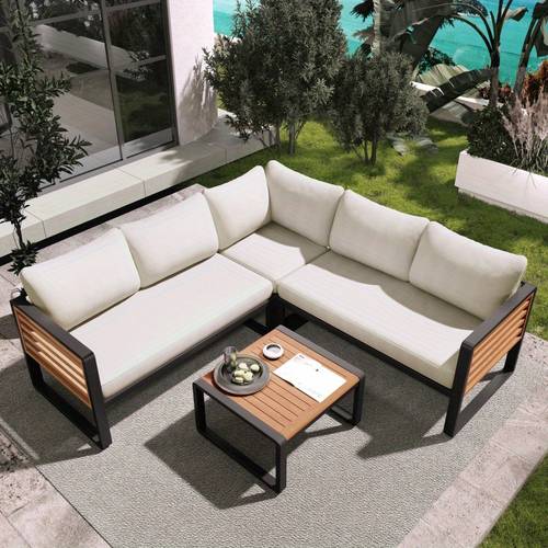 go 4pcs outdoor patio conservation set metal and wood frame sectional l shaped sofa with soft cushion and a coffee tables for garden backyard porch and deck beige